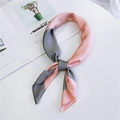 Pink and grey striped satin square scarf shown on a white table with a magazine - Pink & Gray Frame / 70cm
