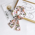 Floral silk skinny scarf with pear and berry print and elegant pink stitched edges - Brown Fruit Pink