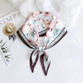 Rhombic silk scarf with pink flowers and cartoon sheep on creamy white background - Lamb Brown Edge