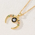 Gold crescent moon necklace with colorful zircon and evil eye charm on stone - Style P-New Moon Multi-gem Eye