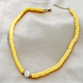 Bohemian bright yellow Heishi clay bead necklace with white pearl and gold metal accents - Yellow