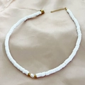 Bohemian choker necklace with white polymer clay beads and a central freshwater pearl - White