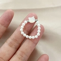 Beaded ring featuring a white cat head charm and small round pearls for women - White Cat Head Style / White