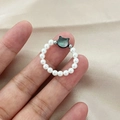 Cat eye bead ring featuring white shell pearls and a black cat head charm for women - Black Cat Head Style / Black