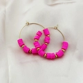 Bohemian large hoop earrings with vibrant pink polymer clay beads and gold metal accents - Rose Red