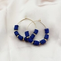 Bohemian earrings with dark blue clay beads and gold metal spacers on a circular hoop - Dark Blue