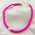 Bohemian rose red clay disc necklace with a white baroque pearl and gold accents - Rose Red