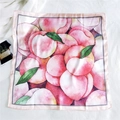 Silk square scarf featuring sweet watercolor peach pattern with green leaves on pink base - 34 Peach