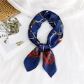 Navy blue silk square scarf with golden chain patterns and red-green striped border - Metal Chain Navy Blue (Gucci Style) / 70cm