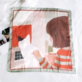 Square silk scarf with cute illustration of a girl petting a cat in soft green and red tones - 29 Gazing Cat Girl