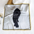 Silver square silk scarf featuring a black panther print and golden hem borders - 53cm / Black Cat (35)