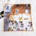 Square silk scarf featuring a vintage European cafe illustration in yellow and blue - 9 Street Alley
