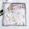 Pink satin square scarf with white cosmos floral print and delicate gray-purple border - 6 Jasmine Grey Border