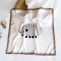 Pink silk square scarf with a cute hedgehog print and black white striped borders - 53cm / Little Hedgehog (6)