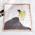 Artistic square silk scarf featuring a girl illustration on creamy white and pink background - 4 Star Picking Girl