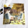 Silk square scarf featuring a hand-painted garden tea scene in warm yellow and green - 3 Summer Countryside
