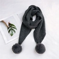 Dark grey knitted scarf for women with dual decorative pom-poms and ribbed texture - 165cm / Black