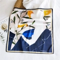 Artistic square silk scarf with deep green floral patterns and navy blue border - 53cm / Perfume Girl (17)