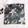 Green silk square scarf with ivory floral prints and a white border for professional wear - 17 Magnolia Army Green