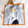 Artistic square silk scarf in light grey with fashion illustration and orange borders - 53cm / Simple Drawing Girl (29)
