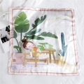 Silk square scarf featuring a girl and cat cartoon illustration with pink border edges - 40 Leisurely Kid