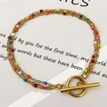 Three-layer 18K gold plated stainless steel bracelet with colorful beads and toggle clasp - Enamel Bracelet