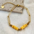 Gold paperclip link bracelet with yellow shell beads and stainless steel tag - Yellow