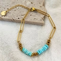 Bohemian gold paperclip chain bracelet featuring sky blue natural stone beads and adjustable link - Blue