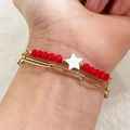 Bracciale a doppio strato placcato oro 18K con pietre rosse e ciondolo a stella - Rosso