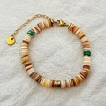 Bohemian beaded disc bracelet with beige and green stones and stainless steel clasp - Hematite / Cream and Teal