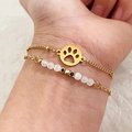 Double-layer gold paw print bracelet with white cat-eye beads for women - White Cat's Eye Double Layer Bracelet / White