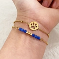French vintage style gold foot-print bracelet set with blue beads and zircon - Deep Blue Cat's Eye Double Layer Bracelet / Blue