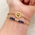 French vintage luxury gold chain bracelet set with blue cat-eye stone and paw pendant - Gray Cat's Eye Double Layer Bracelet / Gray