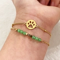 French vintage style bracelet set with gold cat paw pendant and green opal beads - Cyan