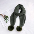 Olive green knit scarf for women with soft double pom-poms for winter warmth - 165cm / Dark Green