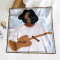 Silk square scarf with artistic guitar illustration and elegant double border finish - 53cm / Guitar Girl (32)