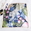 Square silk scarf with leopard print and tropical leaves on white textured fabric - 26 Leopard in Flowers