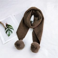 Dark brown knit scarf with cable pattern and large faux fur pom-poms for winter - 165cm / Brown