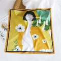 Artistic yellow silk square scarf with floral illustration and tropical greenery print - 53cm / Banana Leaf Girl (24)