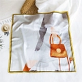 Silk square scarf featuring fashion illustration and yellow border on a textured background - 53cm / Bag Holding Girl (7)