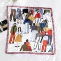 Silk square scarf featuring artistic hand-drawn character illustrations with pink border - 13 Office Worker