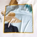 Square silk scarf featuring a tropical palm print and yellow border in light blue - 53cm / Girl in Big Straw Hat (34)