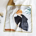 Silk square scarf featuring modern figure art and palm leaf print in orange and black - 53cm / Girl in Mirror (4)