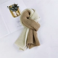 Chunky knit scarf in beige and khaki bicolor design on a white textured background - 124cm / Beige & Camel
