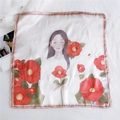 Square silk scarf featuring artistic woman and red camellia flower digital print - 37 Red Flower Girl