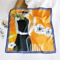 Artistic orange silk square scarf with sunny floral prints and blue borders - 53cm / Girl in Black Dress (31)