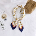 Elegant white square silk scarf with golden wave patterns and contrast borders - 70cm / Sea Wave Navy Edge