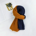 Two-tone chunky knit scarf in mustard yellow and navy blue with thick yarn texture - 124cm / Orange & Navy