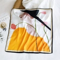 Artistic silk square scarf with yellow lady and pink floral print and black border - 53cm / Girl with Hat and Flowers (20)