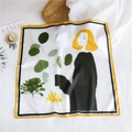 Square silk scarf featuring a floral artistic print with a bright yellow border trim - 53cm / Leaf Girl (2)